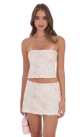 Floral Sequin Strapless Skirt in Cream