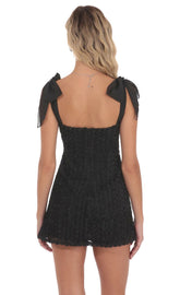 Black Shoulder Tie Rosette Dress