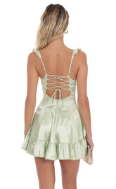 Pastel Green Satin Ruffle Fit-and-Flare Dress