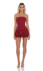 Red Strapless Lace Ruffle Dress