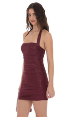 Ruched Foil Mesh Bodycon Dress in Burgundy