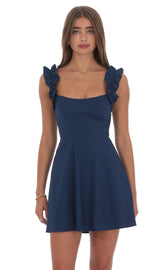 Ruffle Strap A-line Dress in Navy