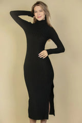 Sweater-knit Fuzzy Turtle Neck Split Thigh Dress