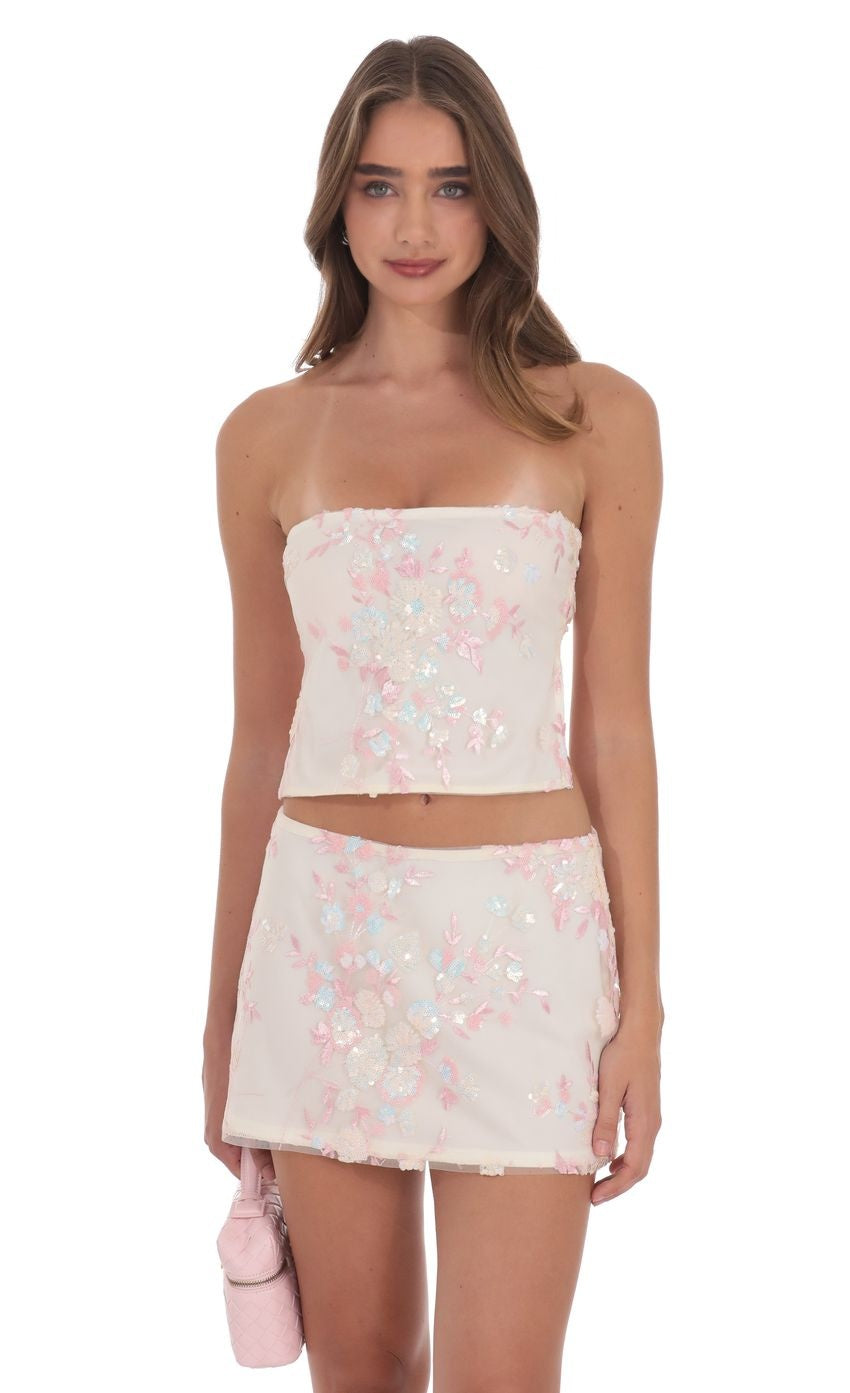 Floral Sequin Strapless Skirt in Cream