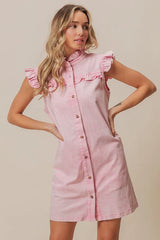 BiBi Washed Button Down Ruffled Cap Sleeve Denim Dress