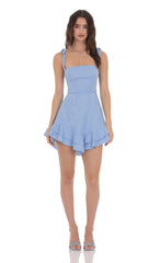 Floral Jacquard Ruffle A-line Dress in Light Blue
