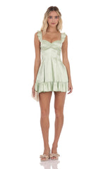 Pastel Green Satin Ruffle Fit-and-Flare Dress