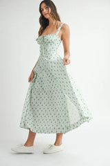 MABLE Floral Print Bustier Back Lace Up Midi Dress