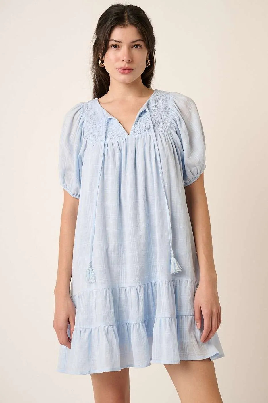 Mittoshop Tassel Tie Plaid Gauze Short Sleeve Mini Dress